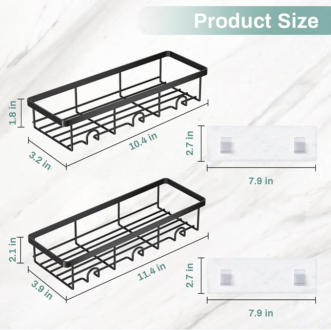 Shower Shelves for Inside Shower, 2 Pack Adhesive Bathroom Caddy Organizer Basket Rack for Storage and Organization, Wall Suction Bath Bathtub Shampoo Holder Set for RV Camper, Black