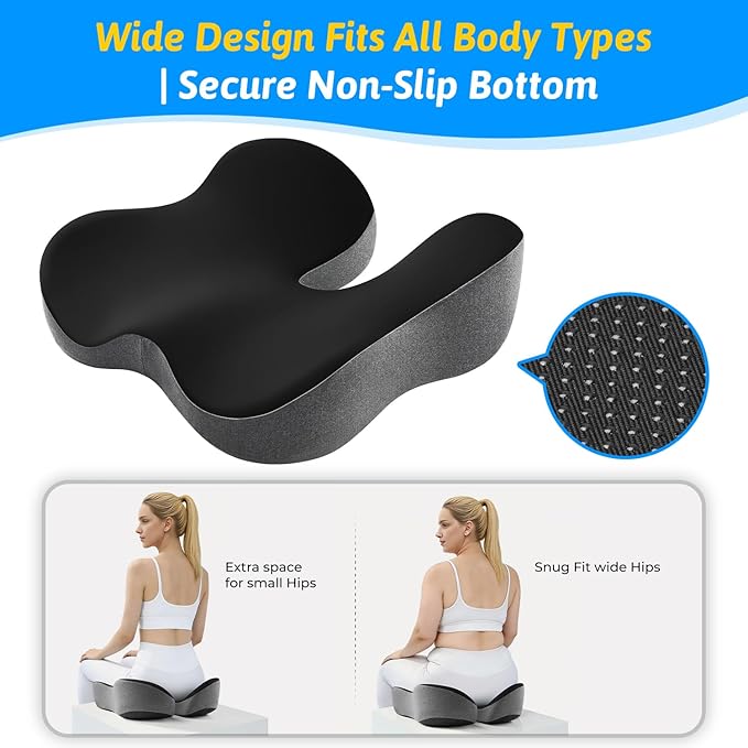 Seat Cushion for Tailbone & Sciatica Pain Relief – Certified & Ergonomist-Designed – Tapered Front Edge Reduces Thigh Pressure – Wide Memory Foam for Office Chair, Car, Wheelchair