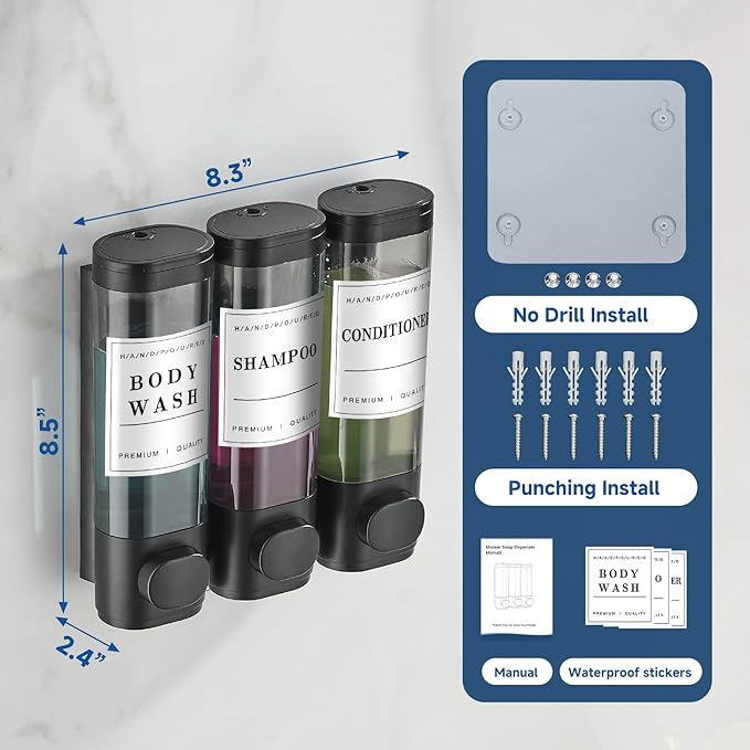 Shampoo and Conditioner Dispenser Shower Dispenser Body Wash Wall Mounted Shampoo Dispenser for Shower Wall No Drill for Bathroom Hotel 3 Chamber x 300ml Black with Waterproof Labels
