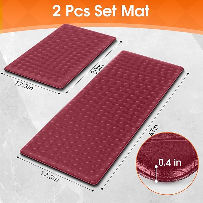 TranquilRelax Kitchen Mats, 2PCS Kitchen Rugs, Cushioned Anti Fatigue Kitchen Mats for Floor, Non-Slip Standing Desk Mat, Waterproof Kitchen Rug Set for Kitchen, Floor, Office,17.3"×30"+17.3"×47",Red