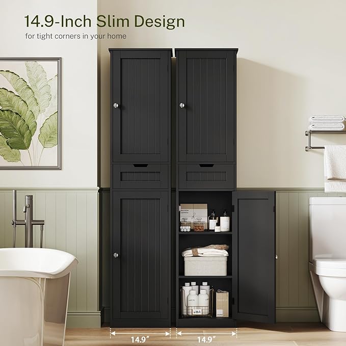 TEENFON 67" H Tall Storage Cabinet with 2 Doors and 1 Drawer, Narrow Black Cabinet with Adjustable Shelves, for Bathroom, Living Room, Entryway, Kitchen, Black