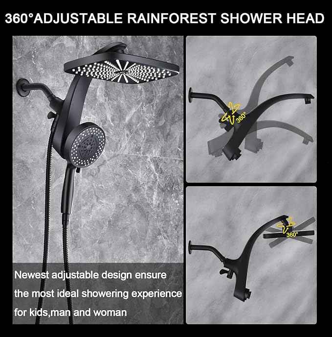 BOZYBO Rain Shower Head with Handheld: High Pressure Shower Heads with Handheld Spray Combo, 12" Rainfall Shower Head and 9 Sprays Hand Showerheads with Magnetic Docking and Power Jets, Matte Black