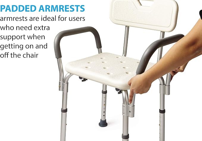 Medline Shower Chair for Elderly, Adults &Disabled, Aluminum-Heavy Duty Shower Seat with Padded Arms &Back for Inside Shower,Adjustable Height Bath Stool for Bathtub, 350 lb,Slip Resistant (Pack of 2)
