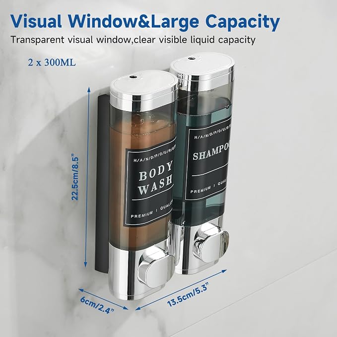 Shower Soap Dispenser 2 Chamber No Drill Wall-Mounted Shampoo Dispenser for Shower Wall Mounted Shower Dispenser for Bathroom Hotel Large Capacity,Chrome1