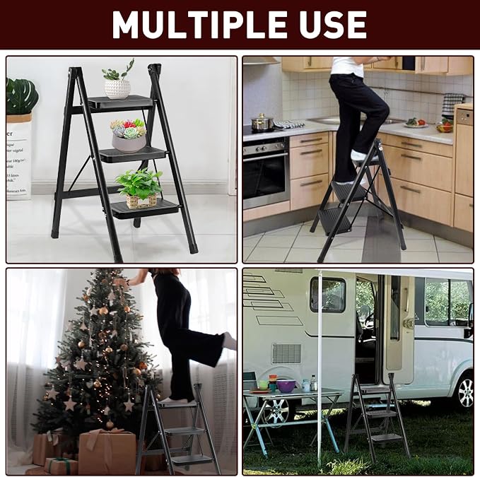 3-Step Ladder, Folding Step Stool for Kitchen/Closet/Garage, Sturdy & Lightweight Aluminum Handy Ladder, 200 lbs Capacity, Anti-Slip Pedals, Compact & Portable for Home DIY & Everyday Tasks