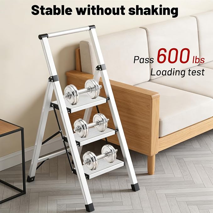 3 Step Ladder Aluminum Lightweight Folding Step Stool, 600lbs Max Load Heavy Duty Step Stool with Safety Handrail, Slim Foldable Kitchen Stool with Anti-Slip Pedal for Home Sliver，3 Steps