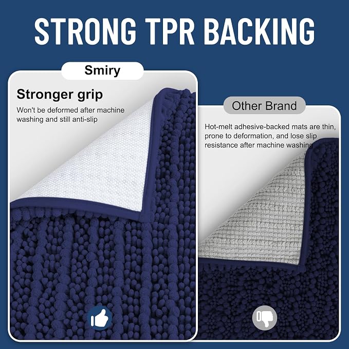 Smiry Bathroom Rugs Mat 44x24, Extra Soft Absorbent Chenille Bath Rugs, Non Slip Rubber Backing Machine Washable Quick Dry Bath Mats for Bathroom Floor, Tub, Shower, Home Decor Accessories, Deep Blue