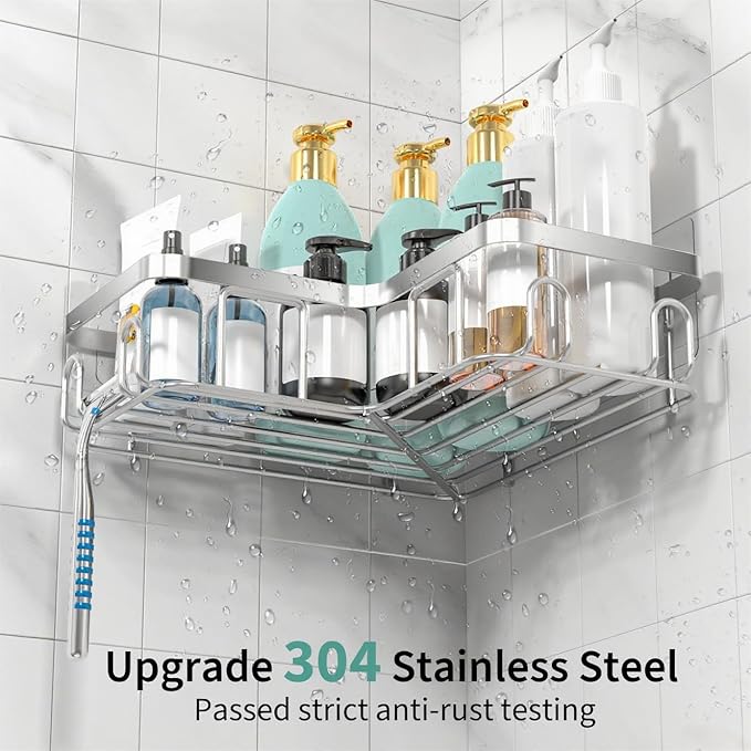 Moforoco Corner Shower Caddy Shelf Organizer Rack, Self Adhesive Black Bathroom Shelves Basket, Home Shower Inside Organization and Storage Decor Rv Accessories, First Apartment Essentials（Silver）