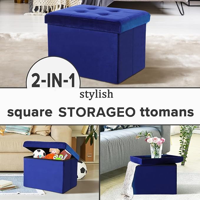 LINMAGCO Small Velvet Ottoman with Storage Rectangle Foot Rest Under Desk Stool for Room Folding Ottoman Furniture with Button turfted-Navy 16X12X12IN