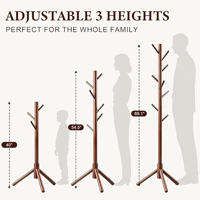 Wooden Coat Rack Freestanding with 8 Hooks & 3 Adjustable Sizes for Clothes, Space-Saving Design for Bedroom Office Entrance Holds Hats Coats Scarves Bags