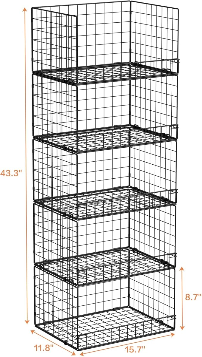 Yociyoga 5-Tier Stackable Closet Organizers and Storage Shelves, Closet Shelf Organizer Basket Bins, Foldable Sweater Storage for Closet Organizer System, Black(Patent 30022416)