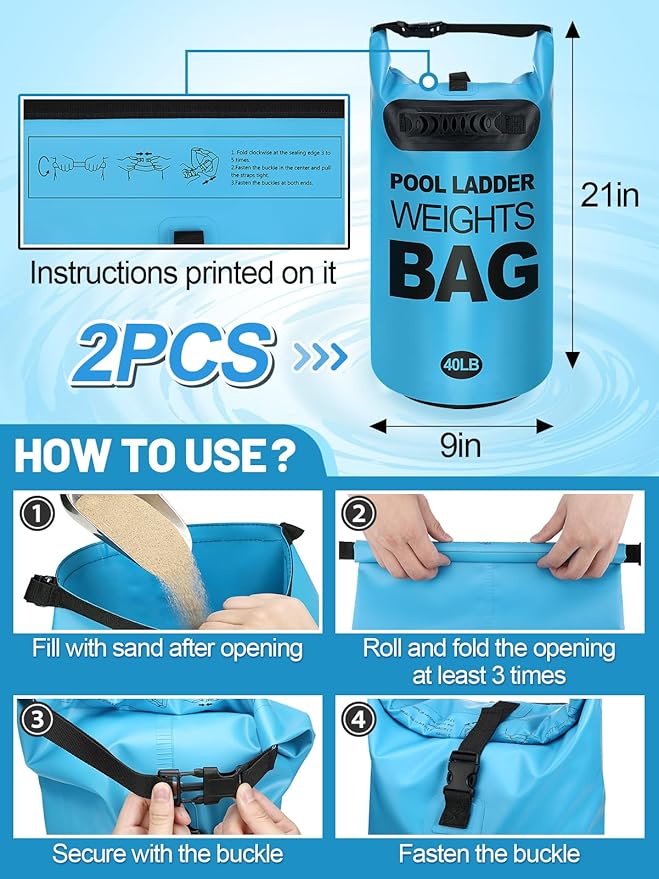 Heavy Duty Pool Ladder Weights - 40lbs Fillable Universal Sand Bags Step Anchors, 500D PVC Waterproof Tear-Resistance Foldable Sandbags for Above Ground Swimming Pools Stair Entry Systems, 2 Pack