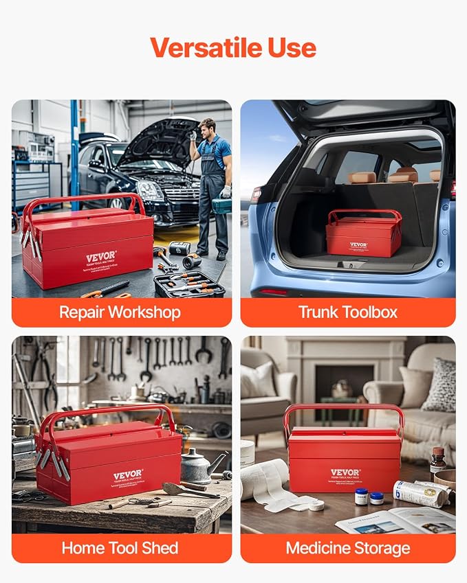 VEVOR Metal Tool Box, 14-inch, 2-Tier 3-Tray Portable Folding Tool Chest Organizer with Handle & Lock Hole, Powder Coated Steel, Cantilever Toolbox for Household Factory Warehouse Repair Shop, Red