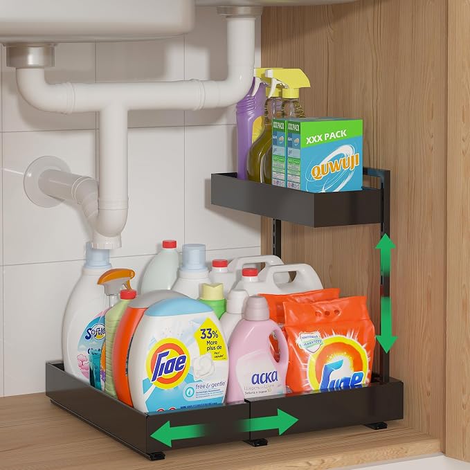 REALINN L-Shaped Under Sink Organizer with 6-Level Height Adjustment & Expandable Width, Pull-Out Cabinet Storage Rack with Quiet Sliding Rails for Kitchen, Bathroom, Laundry Room Cabinets, Black