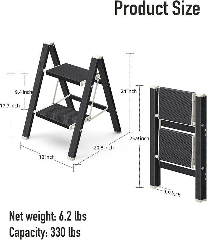 Mayi Plus 2 Step Ladder,Aluminum Folding Step Stool for Adults,Step Ladder with Wide Anti-Slip Pedal,330 lbs Capacity for Home,Kitchen,Library,Office(Ebony Woodgrain)
