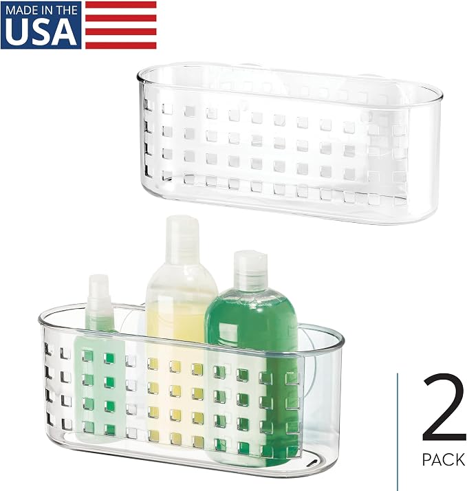 iDesign Hanging Suction Shower Caddy Basket for Bathroom Storage, Set of 2, Clear, Made in USA