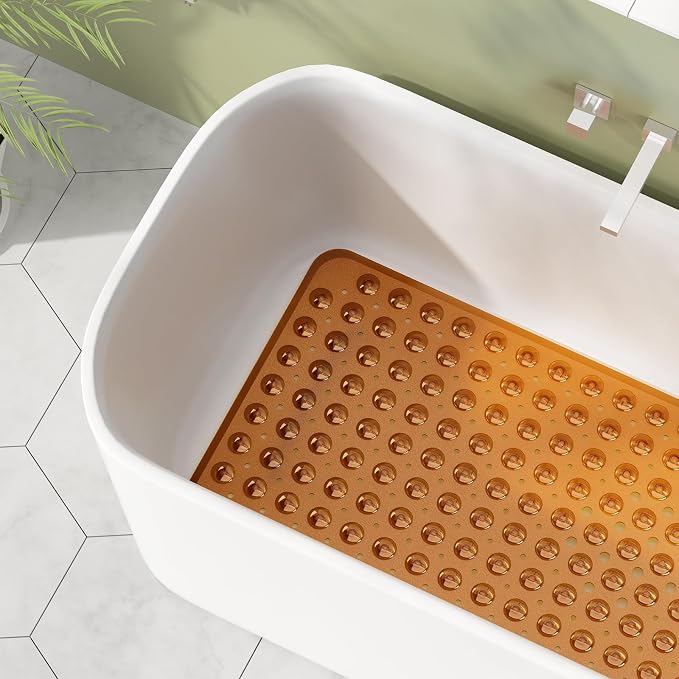 AmazerBath Shower Mat Non Slip 40 x 16 Inches, Shower Stall Mats with Suction Cups and Drain Holes, Non Slip Bath Mat for Tub for Elderly & Kids, Clear Brown