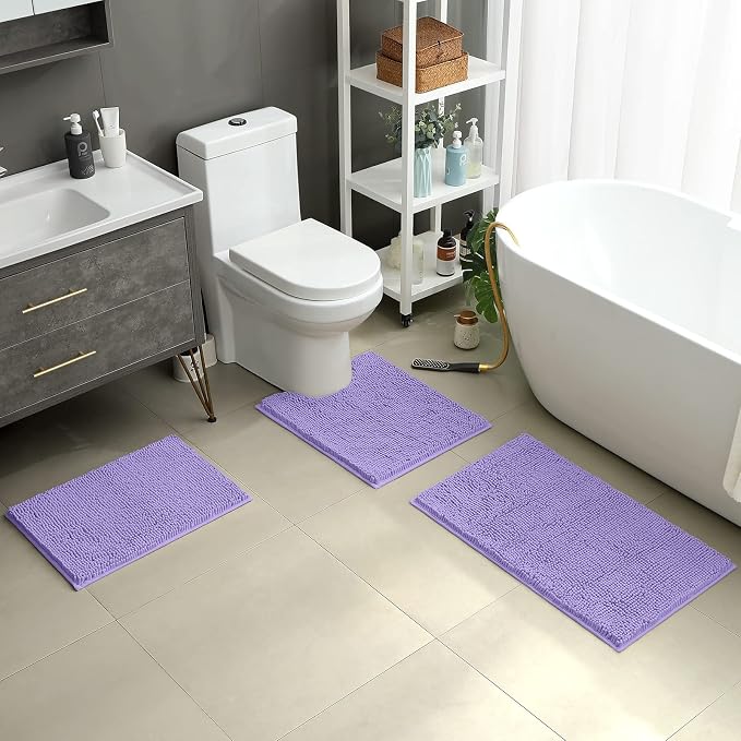 HOMEIDEAS 3 Pieces Bathroom Rugs, Ultra Soft Non Slip Absorbent Chenille Toilet Bath Mat Set (Lavender)