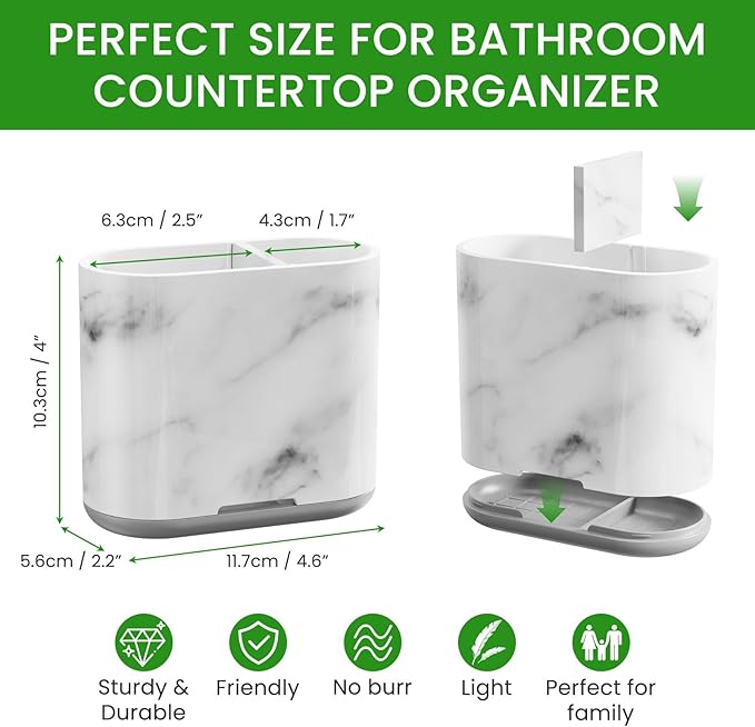 Chintu Toothbrush Holders, 2 Slots Tooth Brush Holder for Bathrooms, Kids Electric Toothbrush and Toothpaste Organizer for Bathroom Countertop Accessories, Shower, Vanity, Storage, Marble/Gray