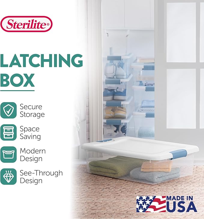 Sterilite 18-Pack Latching Box, Clear Plastic Under Bed Storage Bins with Lids, 32 Quart - Large Stackable Tote Organizer Containers for Closet, Bedroom, Bathroom, and Office Organization