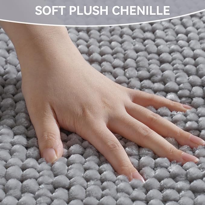 20x32 Extra Soft Chenille Bathroom Rugs - Non Slip Quick Dry Absorbent & Washable Bath Mat, Thin Low Profile Fit Under Door, Shower Mat for Outside Shower - Grey