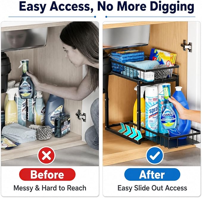 iSPECLE Under Kitchen Sink Organizer - 2 Tier Pull Out Under Sink Storage for Centered Garbage Disposal, Reach Back Items Easily Adjustable Shelf Height Heavy Duty H-Frame for Bathroom Sink Bases