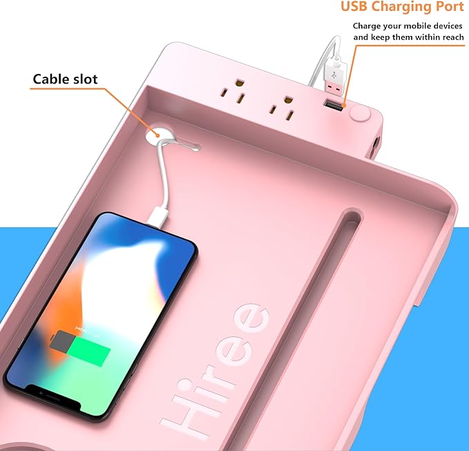 Hiree Bedside Shelf for Dorm Bunk Bed with USB Charging Port and 2 AC Outlets, Bed Side Table Tray Organizer, College Dorm Essential, Clip On Bedside Tray, Cool Teen Girls Trendy Stuff (Pink)