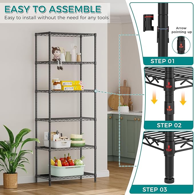 SINGAYE Shelf Wire Shelving Adjustable Storage Shelves Rack Standing Units for Kitchen Closet Laundry Bathroom Organizers Metal Pantry Narrow Mesh Gaps 14" D x 24" W x 72" H Black