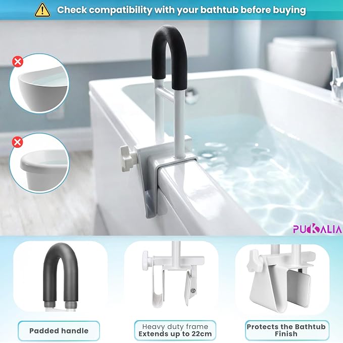 Bathtub Grab Bar Safety Rail for Seniors and Elderly with 300lbs Heavy Duty Iron Support Plus Tool Free Clamp on Shower Handle and Non Slip Bathroom Assist Bar for Side of Tub in White