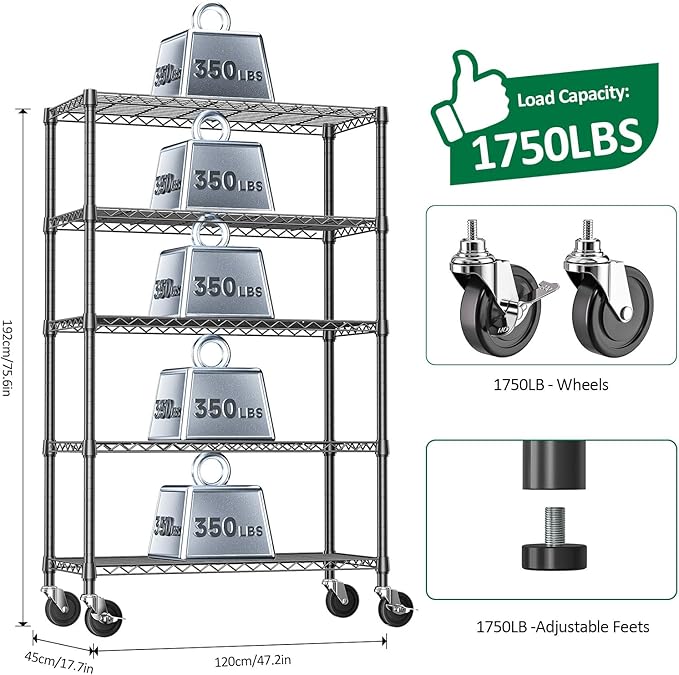 IZEUK 5-Tier Heavy Duty Metal Shelving Unit, Adjustable Steel Wire Storage Rack for Garage, Kitchen, Basement, Laundry Room & Office, Black, 17.7" D x 47.2" W x 72.3" H, 1750 lbs Capacity