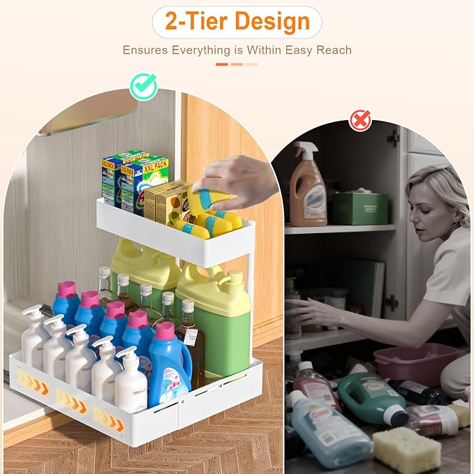 YJHome 1 Pack Expandable Under Sink Organizer, 2 Tier Pull Out Cabinet Organizer with Smooth Ball Bearing Slides, Adjustable Height Cabinet Storage Shelves for Kitchen, Bathroom, Laundry, Pantry