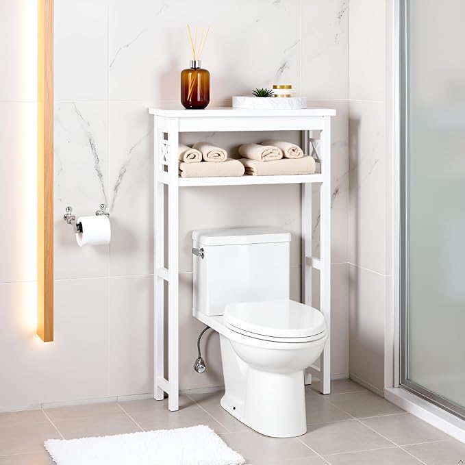Derby Over-the-Toilet Storage Shelf – 44" Tall Modern Bathroom Space Saver with Open Shelves – Freestanding Organizer Rack for Toiletries & Towels by Alaterre Furniture (White)