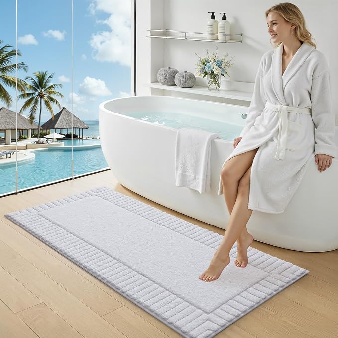 LUMI Bathroom Rugs Non Slip with Rubber Backing, Extra Soft Plush Microfiber Bath Rug Absorbent, Machine Washable Bath Mat Quick Dry for Tub, Shower, Hotel, White, 24"x60"