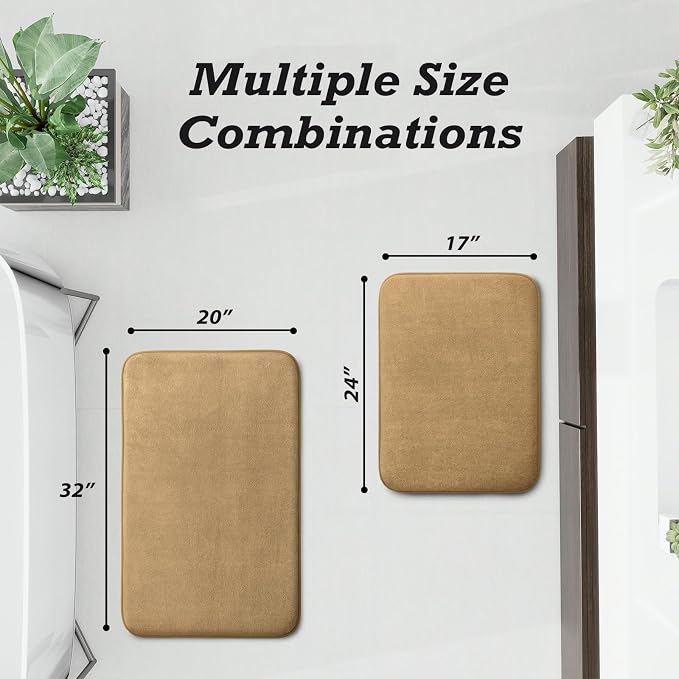 HUXMEYSON Bathroom Rugs Sets 2 Piece, Non-Slip & Quick Dry Bath Mat Set, Ultra Soft Velvet Bath Rugs for Bathroom, Toilet and Shower Floor, Khaki