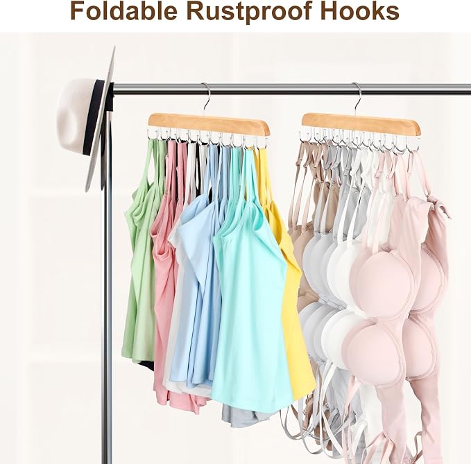 Bra Hanger for Closet, Tank Top Organizer 20 Hooks Capacity Foldable Wood Space Saving Hanger Closet Organizers and Storage for Dorm & Apartment for Tank Top, Hats, Scarf etc.