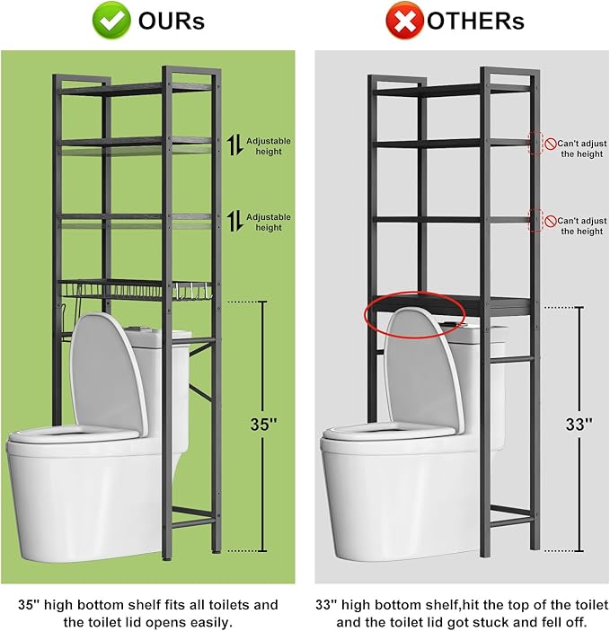 Kalrin Over-The-Toilet Storage Rack, 4-Tier Bathroom Organizer Shelf Over Toilet with Adjustable Shelf and Basket, Freestanding Space Saver Bathroom Shelves Above Toilet for Room (Pure Black)