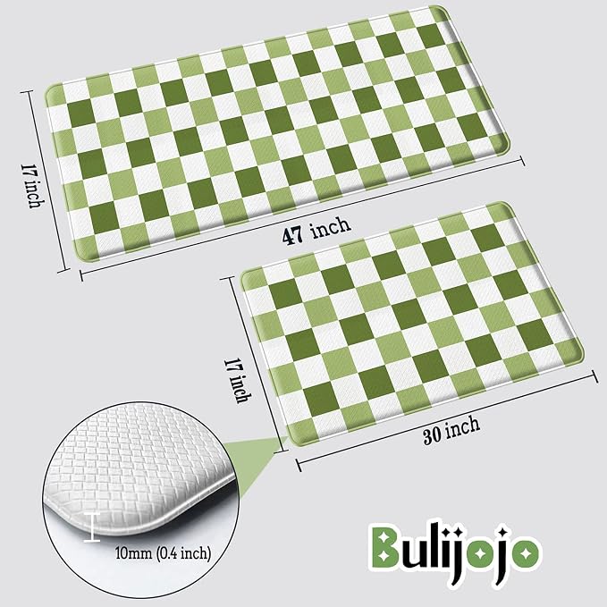 Bulijojo Green Plaid Anti Fatigue Kitchen Floor Mats Set of 2 Waterproof Kitchen Sink Runner Rug Standing Mat Cushioned Kitchen Rugs Comfort Doormat 17"x47"+17" x30“