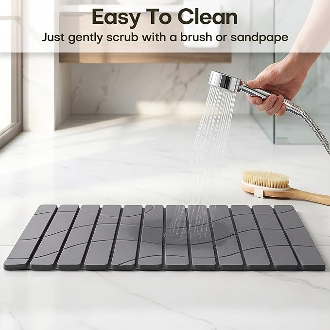 Foldable Stone Bath Mat, Non Slip Large Diatomaceous Shower Mat, Super Absorbent Quick Drying Stone Mat for Bathroom Kitchen Floor Counter Sink,Easy to Clean & Store (32" x 16" Dark Gray)