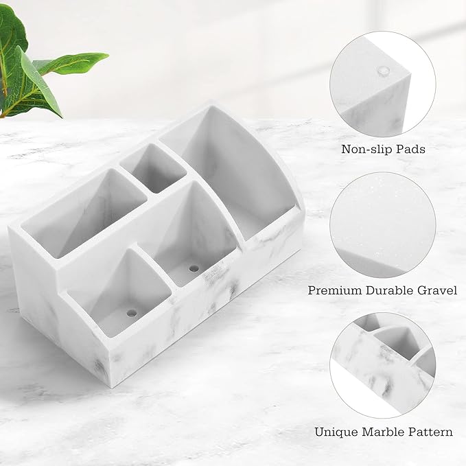 Luxspire Bathroom Counter Organizer, Toothbrush Holder for Bathroom 5 Slot, Large Countertop Organizer Storage Marble Bathroom Accessories for Toothbrush Toothpaste, Gravel White