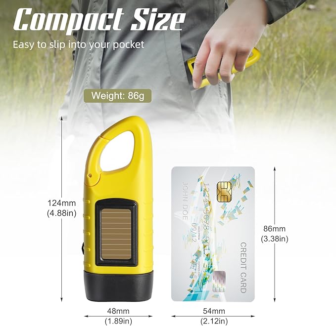 SEANCHEER Hand Crank Solar Powered Flashlights,Compact Emergency LED Flashlight Handheld Survival Flashlight,Quick Snap Carbiner Dynamo Flashlighting for Outdoor,Sports,Hiking (1 Pack-Yellow)