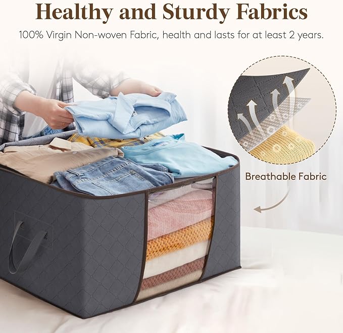 Lifewit 10 Pack 90L Clothes Storage Bins with Lids, Foldable Blanket Storage Bags with Zippers, Clear Window and Reinforced Handles, Closet and Organization for Clothing, Sweater, Comforter, Bedding