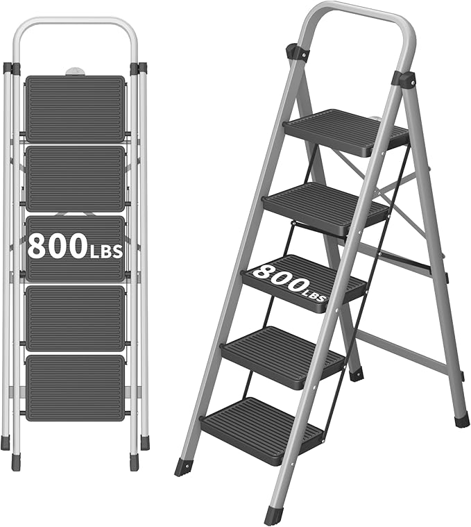 DIAMONDFORGE 5-Step Foldable Step Ladder Stool with Handle, Anti-Slip Wide Pedals & Feet, 800lbs Capacity, Sturdy Stepstool Folding for Adults in Home & Kitchen Use - Silver Gray