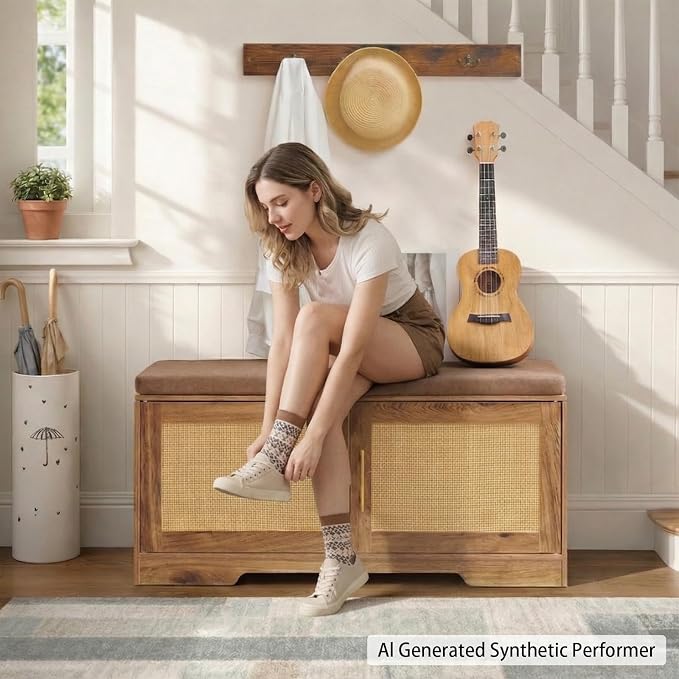 HOOBRO Faux Rattan Shoe Storage Bench with Cushion, Boho Entryway Bench with 2 Doors and Adjustable Shelves, Pet-Proof Hidden Shoe Cabinet for Hallway, Living Room, 39.2" L, Natural, CE53HX01