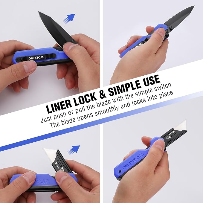 WORKPRO 2-in-1 Folding Knife/Utility Knife, Quick-Change Box Cutter with Belt Clip, Liner Lock, and G10 Handle, Extra 10 SK5 Blades Included, Blue