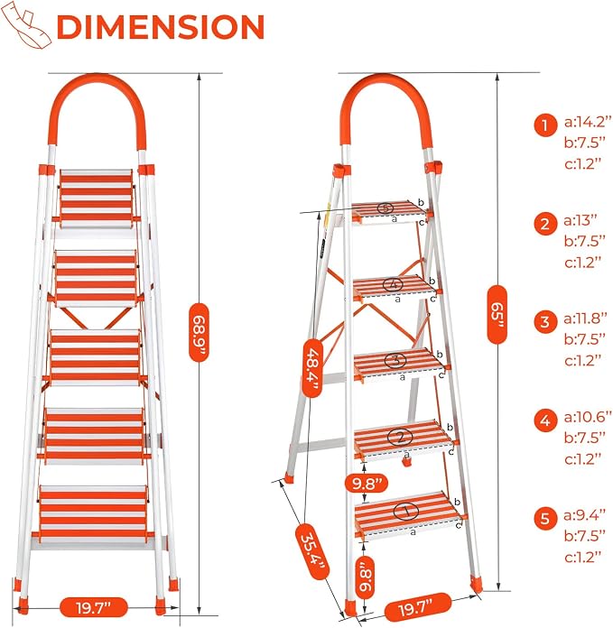 LUISLADDERS Step Ladder 5 Step Lightweight Folding Step Ladder Aluminum Step Stool with Widened Anti-Slip Strip Pedal Convenient Handgrip 350lbs EN131, Multi-use for Household and Office