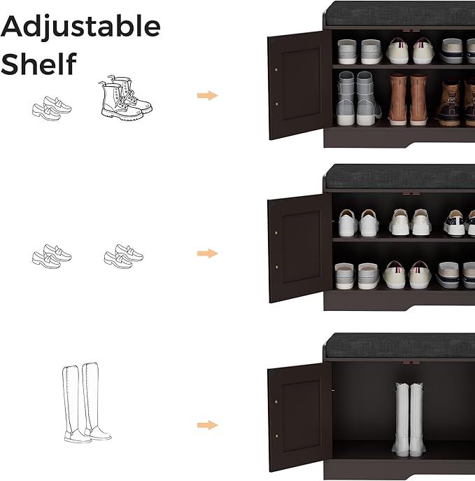 Homleke 2-Tier Storage Bench, Shoe Bench with Thickened Padded Seat Cushion, Entryway Bench with 4 Doors, Adjustable Shelf, 13.8" D x 45.3" W x 18.5" H, for Entryway, Living Room, Bedroom, Brown