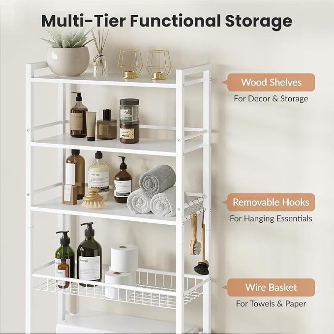 Over The Toilet Storage Shelf, 4-Tier Bathroom Organizer with Basket & Hooks, Sturdy Space Saver for Small Bathrooms, White