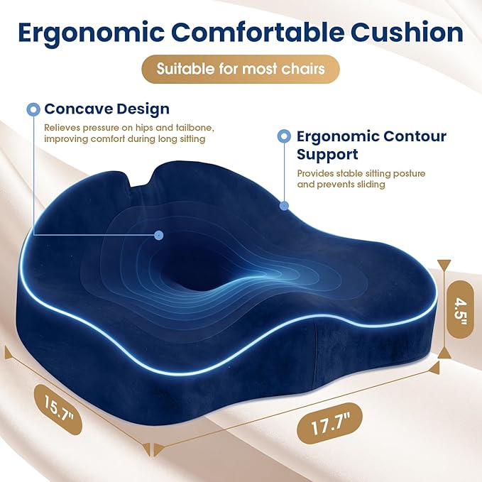 Seat Cushion,Thick Memory Foam Cushions for Office Chair, Car Seat, Airplane, Relieving Pressure Tailbone Sciatica Back Pain for Long Sitting Office Workers, Car Drivers Blue