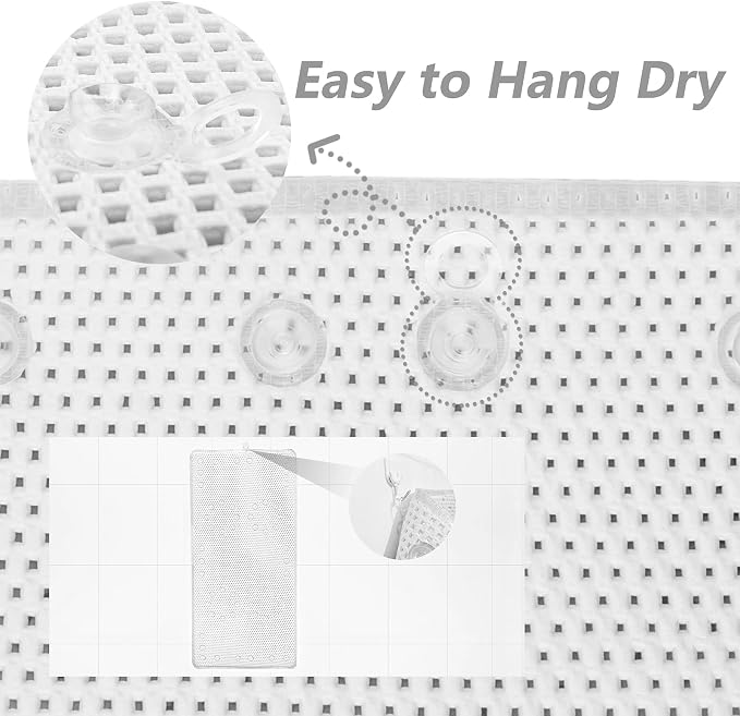 Shower and Bath Mat,Non-Slip Machine Washable and Extra Large Bathtub Mats with Drain Holes and Suction Cups Soft Foam Tub Mats-36” X 17”,White