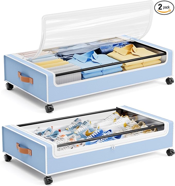 Yecaye Under Bed Storage with Wheels, 2 Pack Under Bed Storage Containers, 60L Underbed Shoe Storage with Clear Window & Label, Rolling Under Bed Metal Drawer for Clothes, Shoes, Books, Blankets, Blue